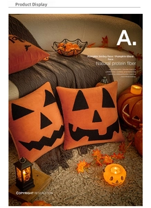 Detailed embroidery of Halloween pumpkin face on soft orange protein fiber cushion cover