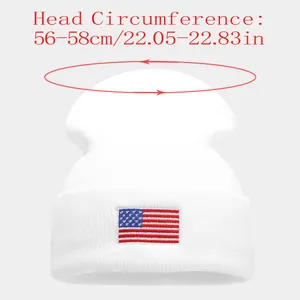 Size chart showing head circumference of 56-58cm for the white American flag beanie