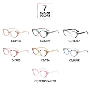 Cat-eye glasses frames displayed in seven assorted colors with floral texture patterns