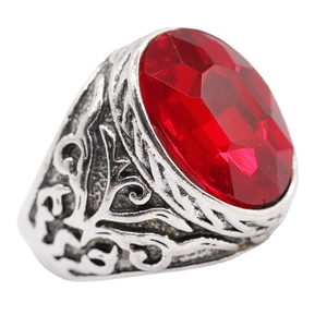 Vintage silver-tone geometric ring with a large oval red ruby gemstone setting