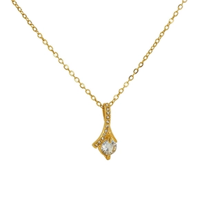 Detail view of the gold plated necklace showing the crystal pendant and cross chain