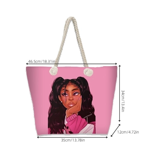 Sac de plage en toile rose avec poignées en corde de coton et imprimé dessin animé