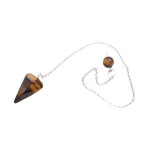 Tiger eye stone cone pendulum necklace with silver chain and bead on white background
