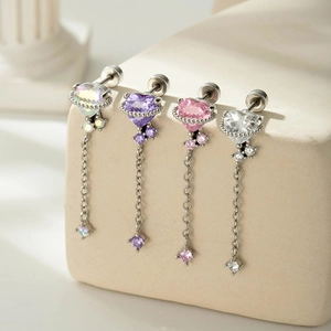 Elegant heart-shaped crystal heart stud earrings with planet ring and chain tassel dangles