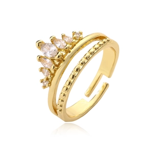 Gold crown open ring for women featuring marquis cut zircons and double layer band