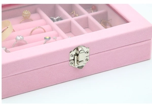 Close-up of pink velvet jewelry box with glass lid and silver metal buckle closure