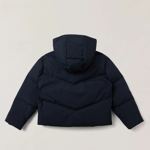 Detail of wide quilted waterproof down jacket showing hood and deep blue windproof fabric