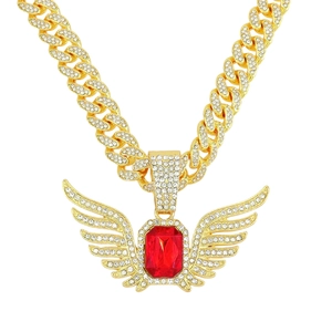 Detailed view of a gold-plated Cuban chain featuring a ruby angel wing pendant with diamonds