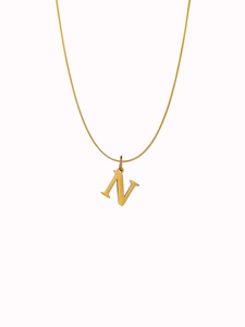 Close-up of a gold N-shaped letter pendant on a delicate chain over white background