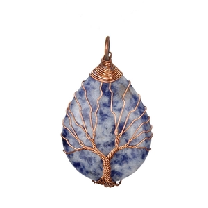Handmade copper wire tree of life pendant with teardrop blue natural stone necklace