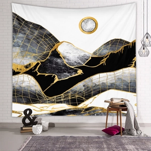 Detailed texture of mountain tapestry with marble patterns and gold geometric lines