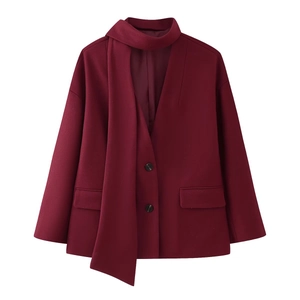 British style oversized dark red scarf collar wool coat with asymmetrical design
