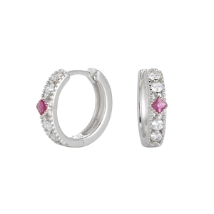 Elegant S925 sterling silver hoop earrings with square pink gemstone and white zirconias