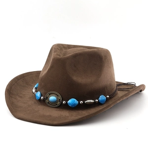 Brown western cowboy hat with bohemian turquoise beaded band on a clean white background