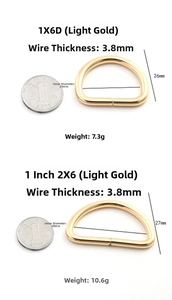 Detail von hellgoldenen Metall-D-Ringen in 25mm und 38mm für Taschen und Kleidung