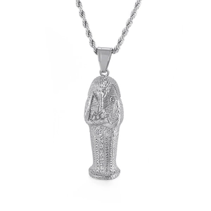 Silver stainless steel Pharaoh mummy pendant necklace with textured twisted rope chain