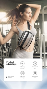 Detail view of waterproof clear PVC waist bag with black zipper and adjustable strap