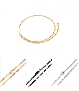 Close-up of 3mm Figaro chains in gold, black, and silver with lobster clasp details