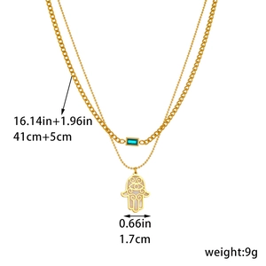 Detailed size specifications for double-layer gold necklace with palm and gem pendants