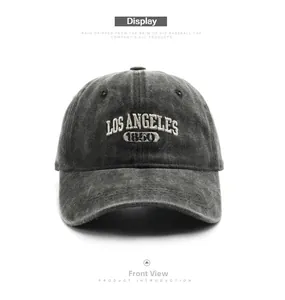 Detail of vintage washed cotton baseball cap with Los Angeles 1850 white embroidery