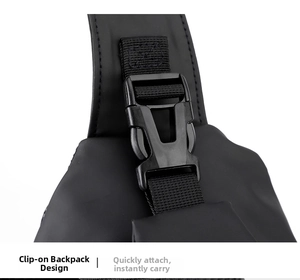 Detail of durable plastic buckle and nylon webbing on a black waterproof chest bag