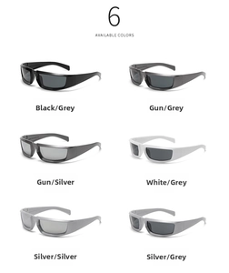 Matrix display of Y2K futuristic wrap-around sports sunglasses in six different metallic frames