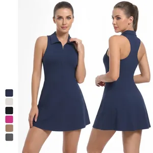 Robe De Tennis Sans Manches Pour Femmes Zip Col Polo Coupe En A Dos Nageur Athlétique Golf Sport Nylon Élasthanne