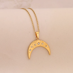 Star and moon stainless steel pendant necklace with golden hammered texture and crystals
