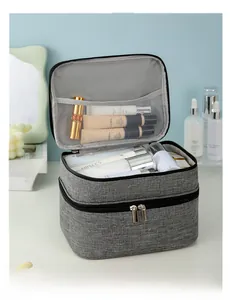 Macro shot of gray fabric travel makeup bag with dual layer storage and mesh pockets
