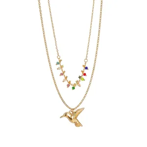 18K Gold Plated Stainless Steel Double Layer Hummingbird Necklace With Colorful Beads Star Pendant Jewelry For Women