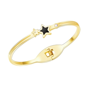 Korean style 18K gold-plated star bracelet with black enamel inlay and zircon accents