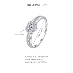 Detail view of 925 sterling silver heart ring with S925 stamp and product dimensions