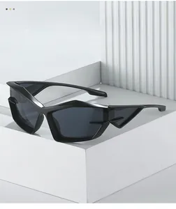 Close-up of avant-garde black cat-eye sunglasses with geometric frame and 3D temple details