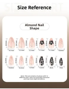 Size chart for black floral almond press-on nails featuring 24 pieces in 12 distinct sizes