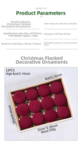 Detail of 12 burgundy flocked Christmas balls with 8cm diameter and box dimensions