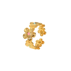 Bague en acier inoxydable plaqué or 18 carats avec fleurs en émail colorées