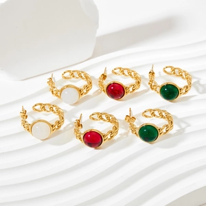Vintage C-Shaped Stud Earrings Stainless Steel With Round Colorful Glass Cabochon French Style Cuban Chain Texture For Women