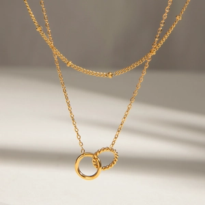 Layered Necklace Stainless Steel Interlocking Twisted Rings Gold Plated Beaded Chain Chic Niche Design Women Jewelry