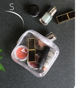 Detail of small clear PVC waterproof toiletry bag showing capacity and internal storage