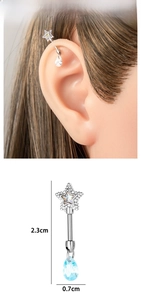 Detail view of star-shaped cartilage earring with blue drop zircon and dimensions