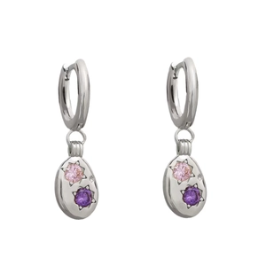 Vintage stainless steel hoop earrings with purple and pink star-set oval pendants