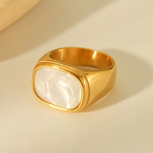 Minimalist 18K gold plated square mother of pearl signet ring for women in stainless steel