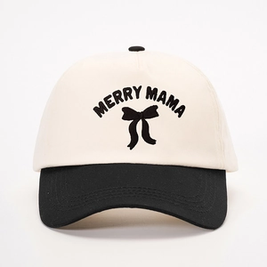 Two-tone baseball cap with Merry Mama embroidery and bow in black and cream