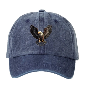 Vintage washed blue cotton baseball cap with detailed eagle print and adjustable strap