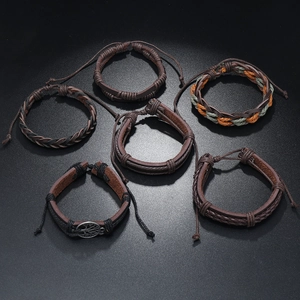 Retro multi-layer braided leather bracelet set of 6 with Tree of Life metal charm