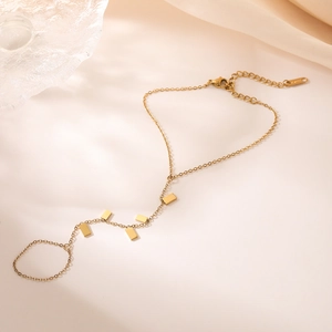 18K gold plated stainless steel hand chain bracelet with geometric rectangular charms
