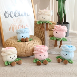 Three colorful plush rose flower dolls with cute faces for home decor and kids gift