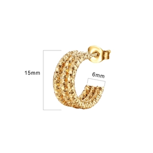 Detailed view of 15mm gold textured hoop earrings with dimensions 15mm by 6mm size