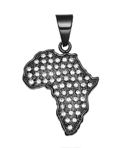 Macro detail of iced-out Africa map pendant in black finish with pavé rhinestones