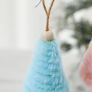 Light blue plush mini Christmas tree pendant with wooden bead and jute rope hanger